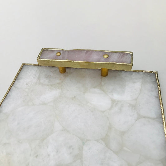 White Crystal Agate Plated Serving Tray With Rose Quartz Handles/Personalised Momentos/Sign Boards-1