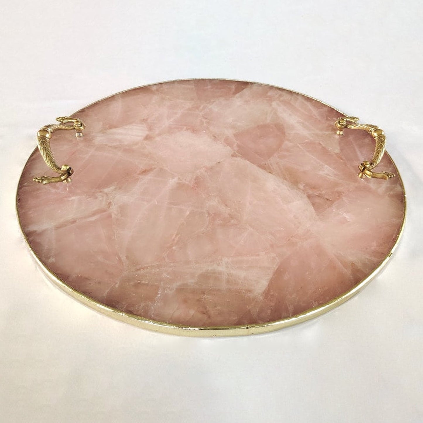 Rose Quartz Agate | Serving Tray With Brass Handles | Circular |-4