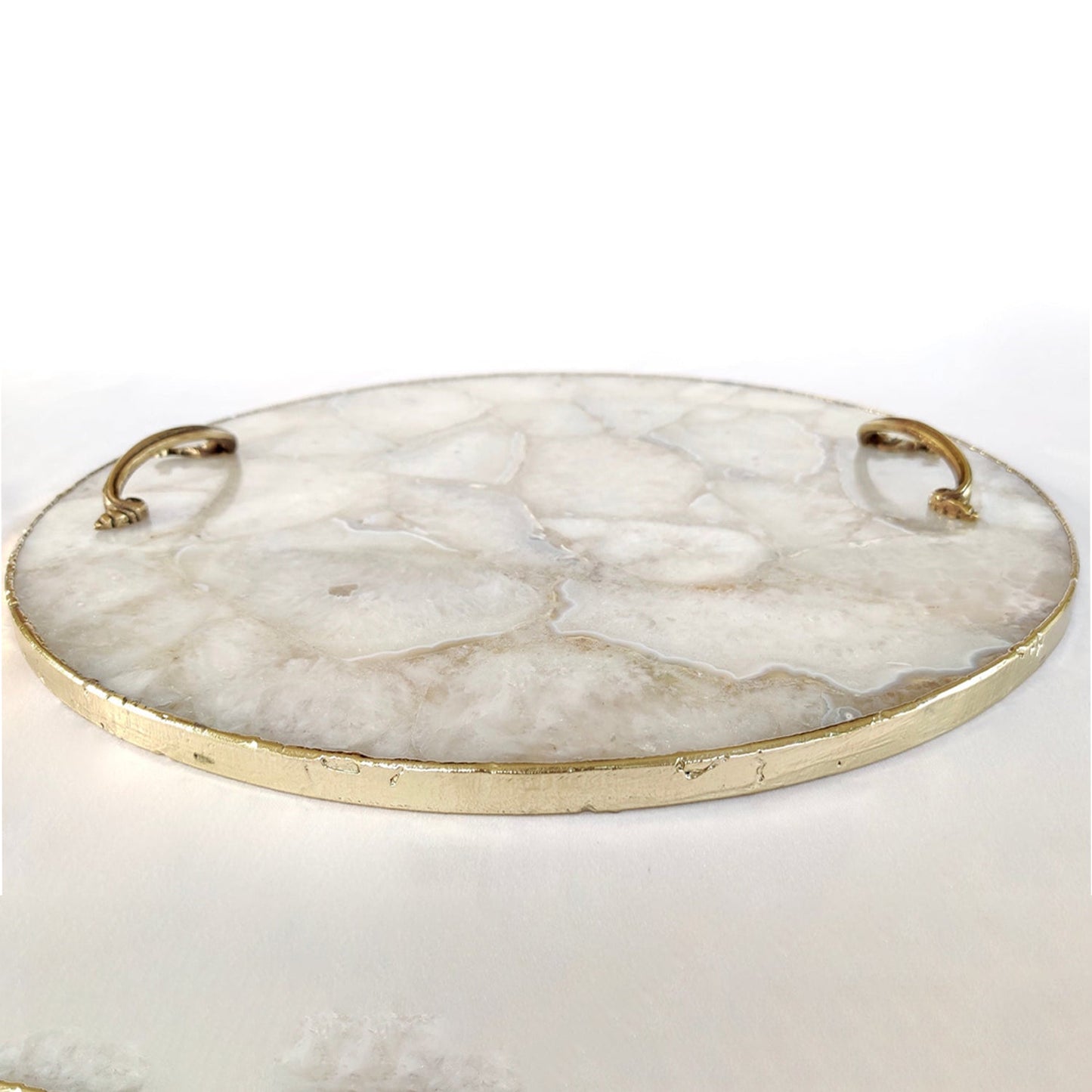 White Agate Serving Tray With Brass Handles | Circular |-4