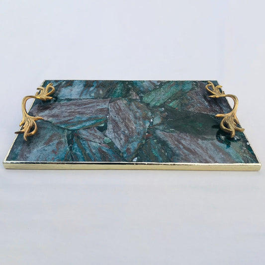 Green Aventurine Agate Serving Tray With Brass Handles-1