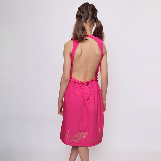 Pink Flower Girl Dress with Golden Hand Block Print