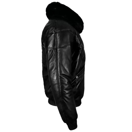 Men's Black Leather V-Bomber Jacket with Faux Fur