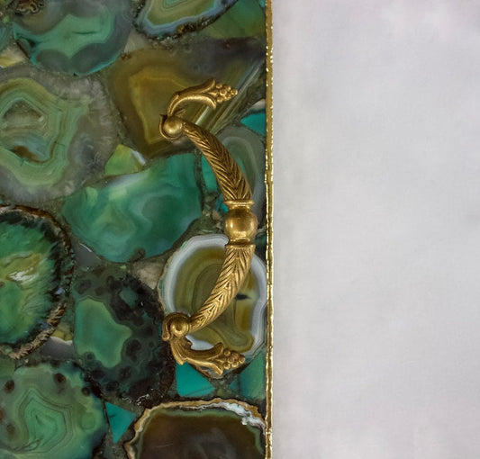Light Green Agate Serving Tray With Brass Handles | Square-1
