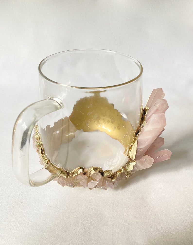 Set of 2 |Crystal Glass Coffee/Tea/Juice Mugs with Gold Plated Rose Quartz Agate/Quartz Semi-precious Crystals | 17 oz/500 ml-4
