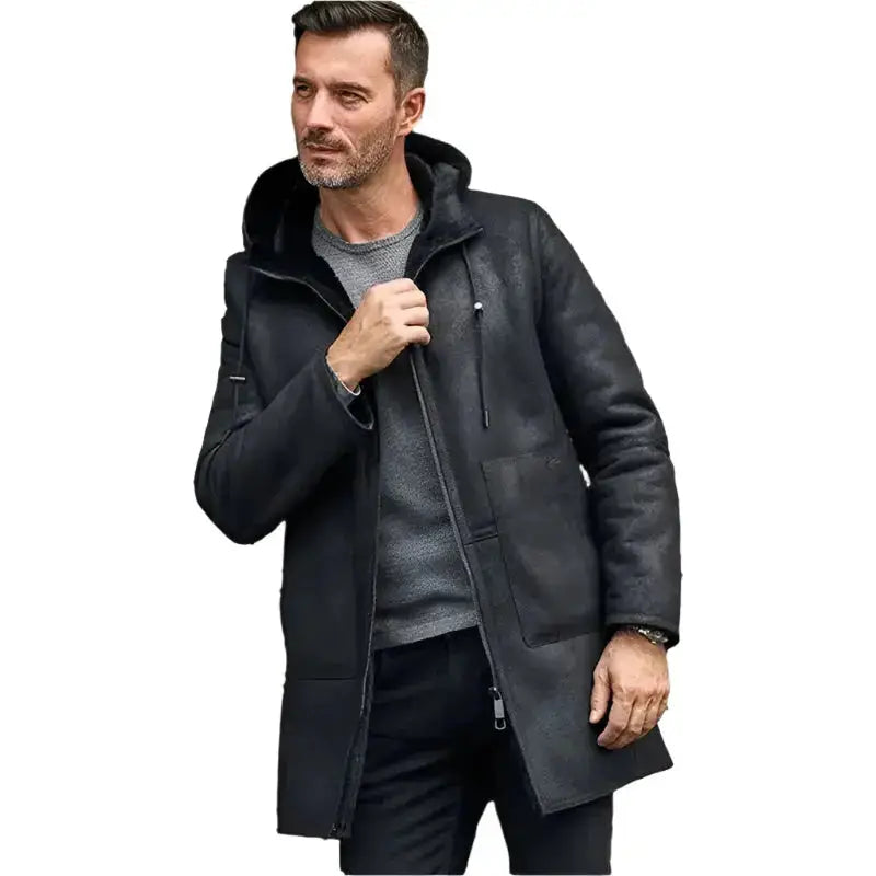 Men’s Black B7 Shearling Bomber Leather Coat
