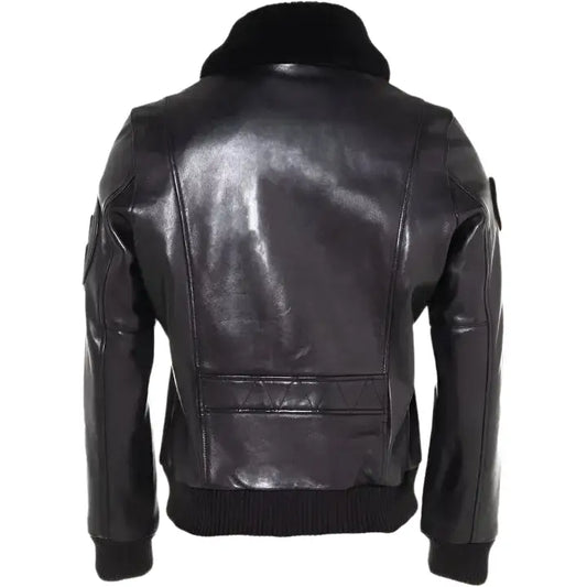 Mens Black Leather Bomber Jacket Fur Collar