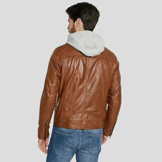 Men’s Brown Lambskin Leather Hooded Jacket