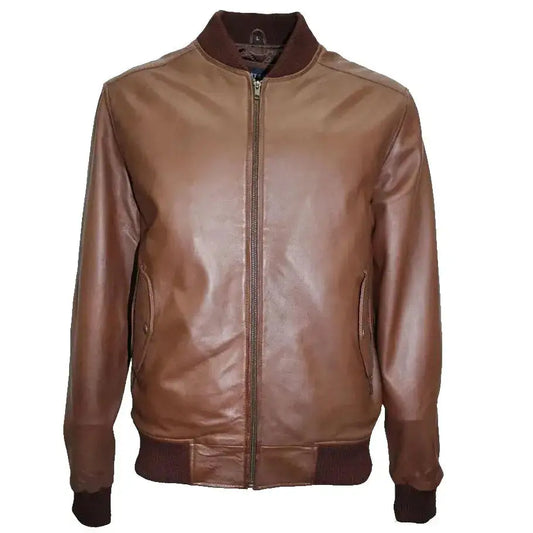 Mens Brown Lambskin Leather Bomber Jacket