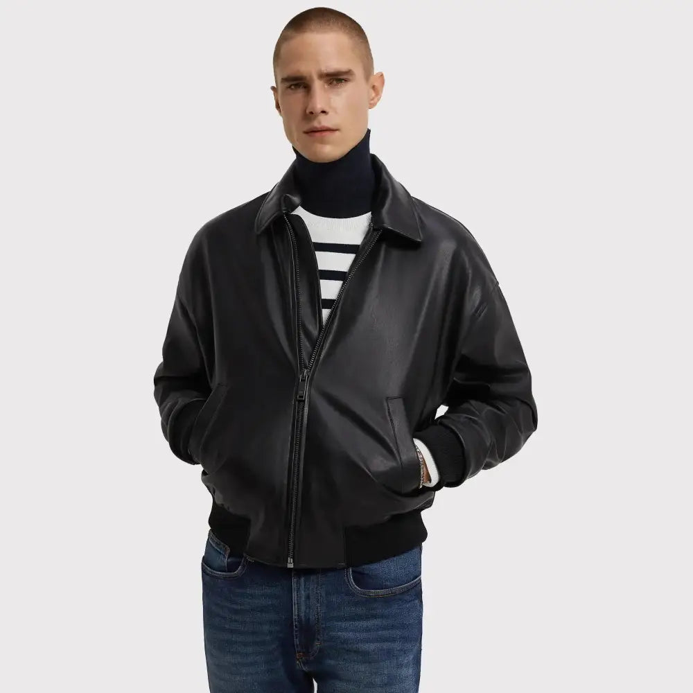 Men’s Classy Black PU Leather Bomber Jacket