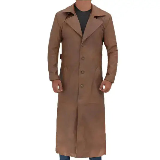 Mens Long Brown Leather Trench Coat