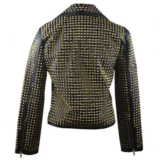 Mens Black Golden Studded Leather Biker Jacket