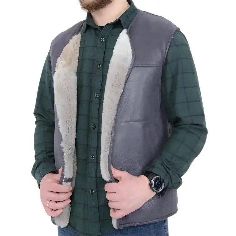 Men’s Western Sheepskin Vest – White Fur Lining & Rugged Style