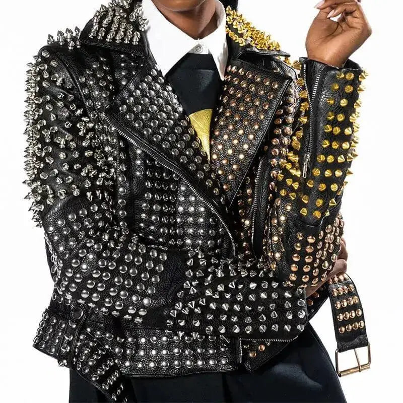 Women’s Punk Long Studded & Spiked Leather Jacket
