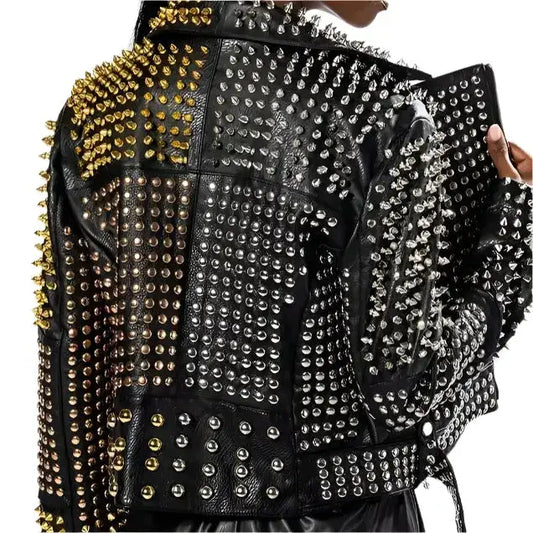 Women’s Punk Long Studded & Spiked Leather Jacket