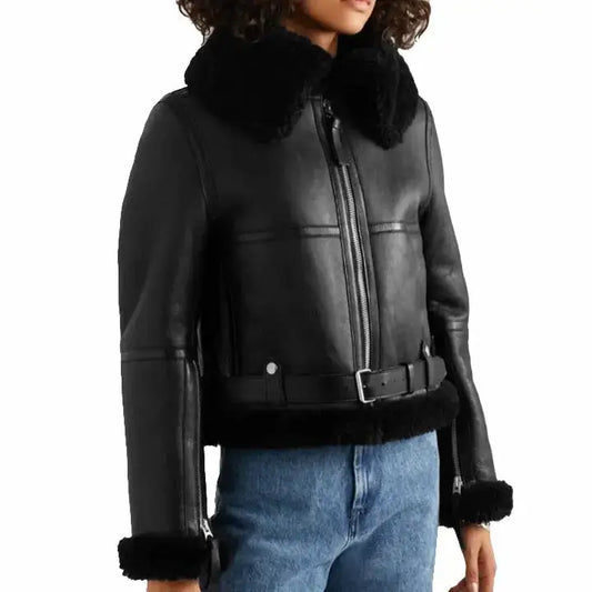 Women’s Black Sheepskin Shearling Leather Jacket