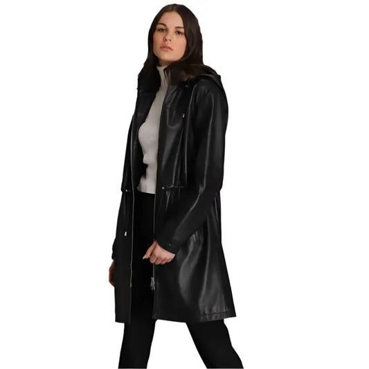 Women’s Hooded Black Lamb Leather Coat with Zip Front