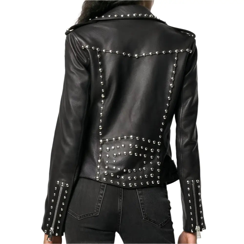 Women’s Black Leather Brando Jacket with Silver Studs