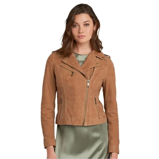 Women's Tan Brown Suede Leather Moto Jacket