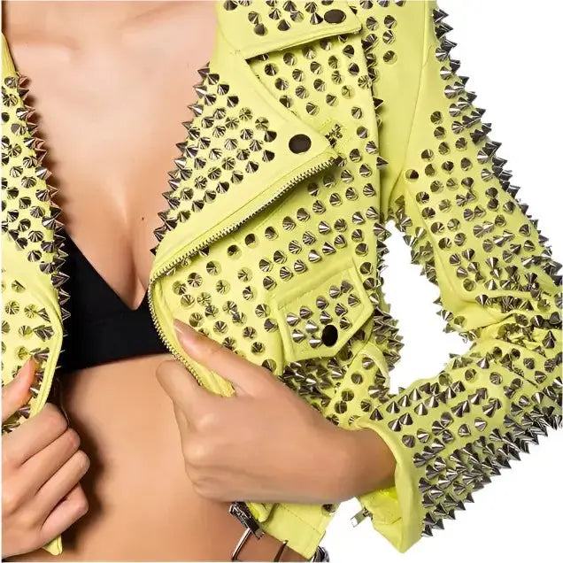 Women’s Yellow Studded Brando Biker Jacket