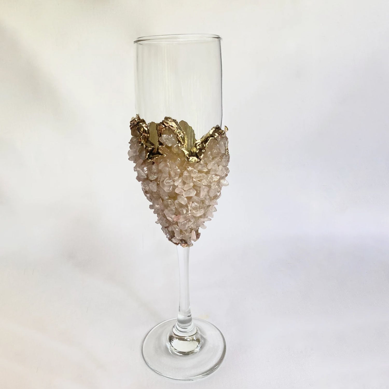Set of 2 |Crystal Wine/Champagne Glasses with Gold Plated Rose Quartz Agate/Quartz Semi-precious Crystals | 7 oz/215 ml-0