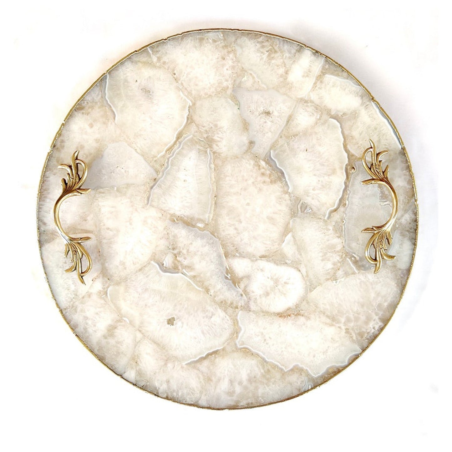 White Agate Serving Tray With Brass Handles | Circular |-0
