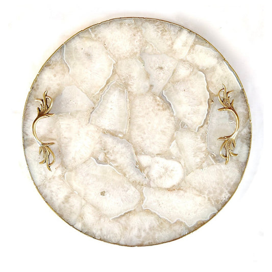 White Agate Serving Tray With Brass Handles | Circular |-0