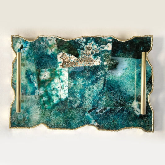 Large Composite Green Agate Serving Tray With Plain Modern Brass Handles/Personalised Momentos/Sign Boards 10"x15"-0