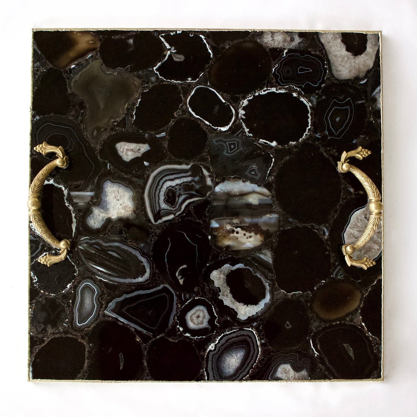 Black Agate Serving Tray With Brass Handles | Square-0