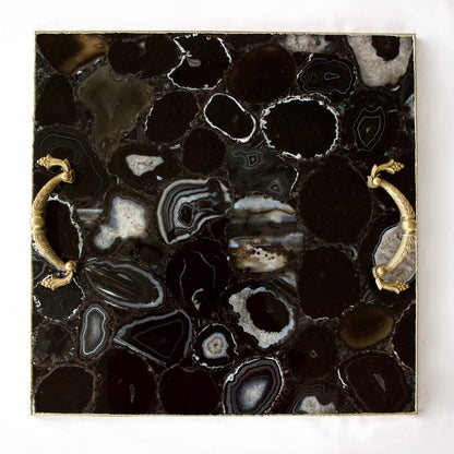 Black Agate Serving Tray With Brass Handles | Square-0