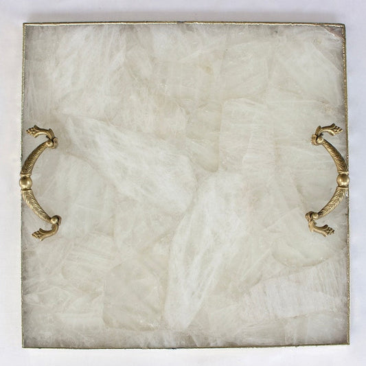 White Agate Serving Tray With Brass Handles | Square-0