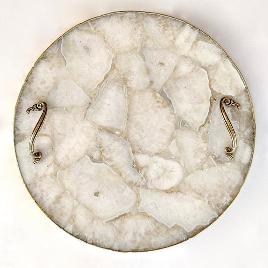 White Agate  Serving Tray With Brass Handles | Circular |-0