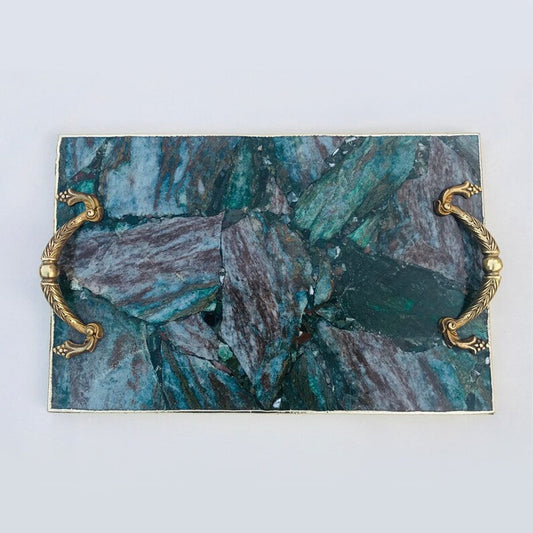 Green Aventurine Agate Serving Tray With Brass Handles-0