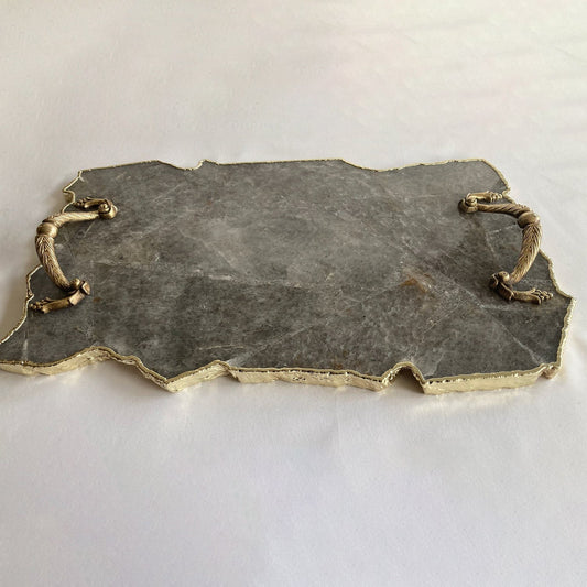 Large Smoky Grey Agate Serving Tray With Brass Handles/Personalised Momentos/Sign Boards 10"x15"-0