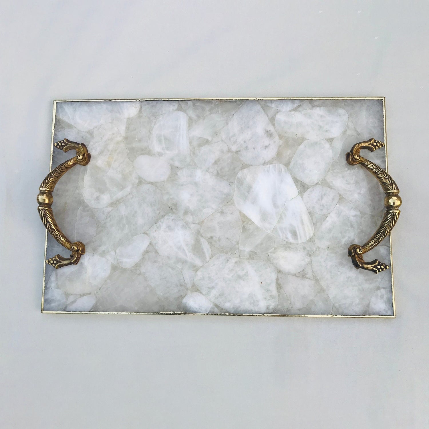 White Agate  Serving Tray With Brass Handles-0