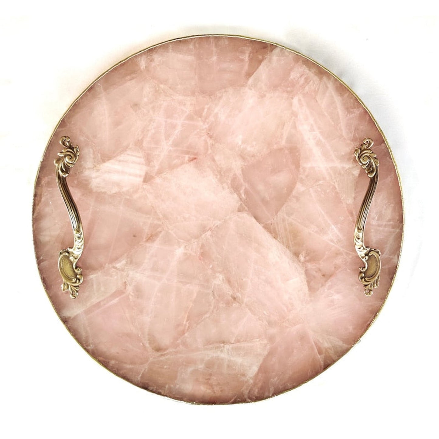 Rose Quartz Agate | Serving Tray With Brass Handles | Circular |-0