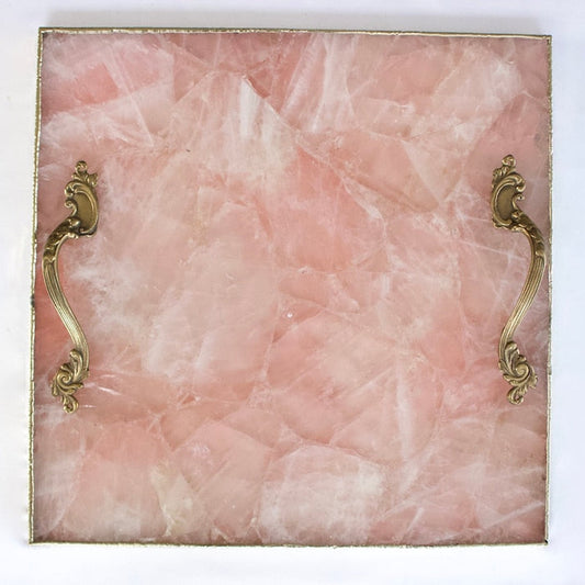 Rose Quartz Agate Serving Tray With Brass Handles | Square-0