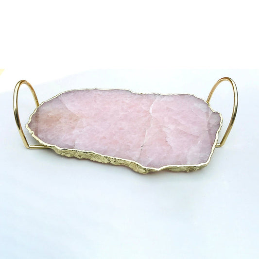 Rose Quartz Agate Serving Tray With Brass Loop Handles-1