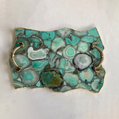 Large Green Agate Serving Tray With Brass Handles/Personalised Momentos/Sign Boards 10"x15"-0