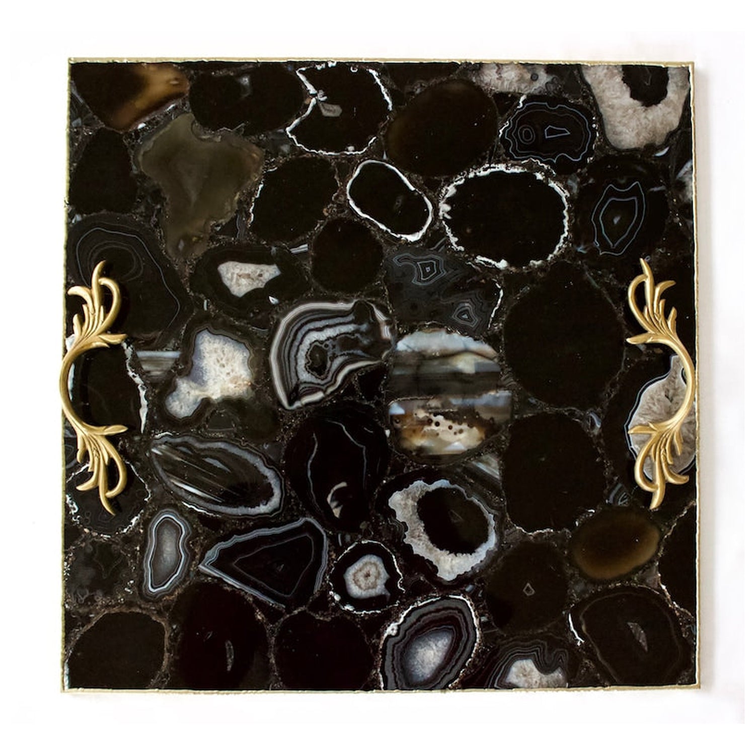 Black Agate Serving Tray With Brass Handles | Square-0