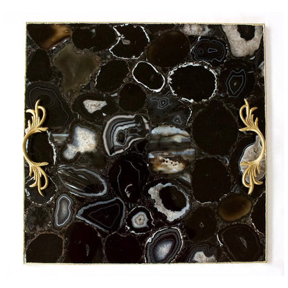 Black Agate Serving Tray With Brass Handles | Square-0