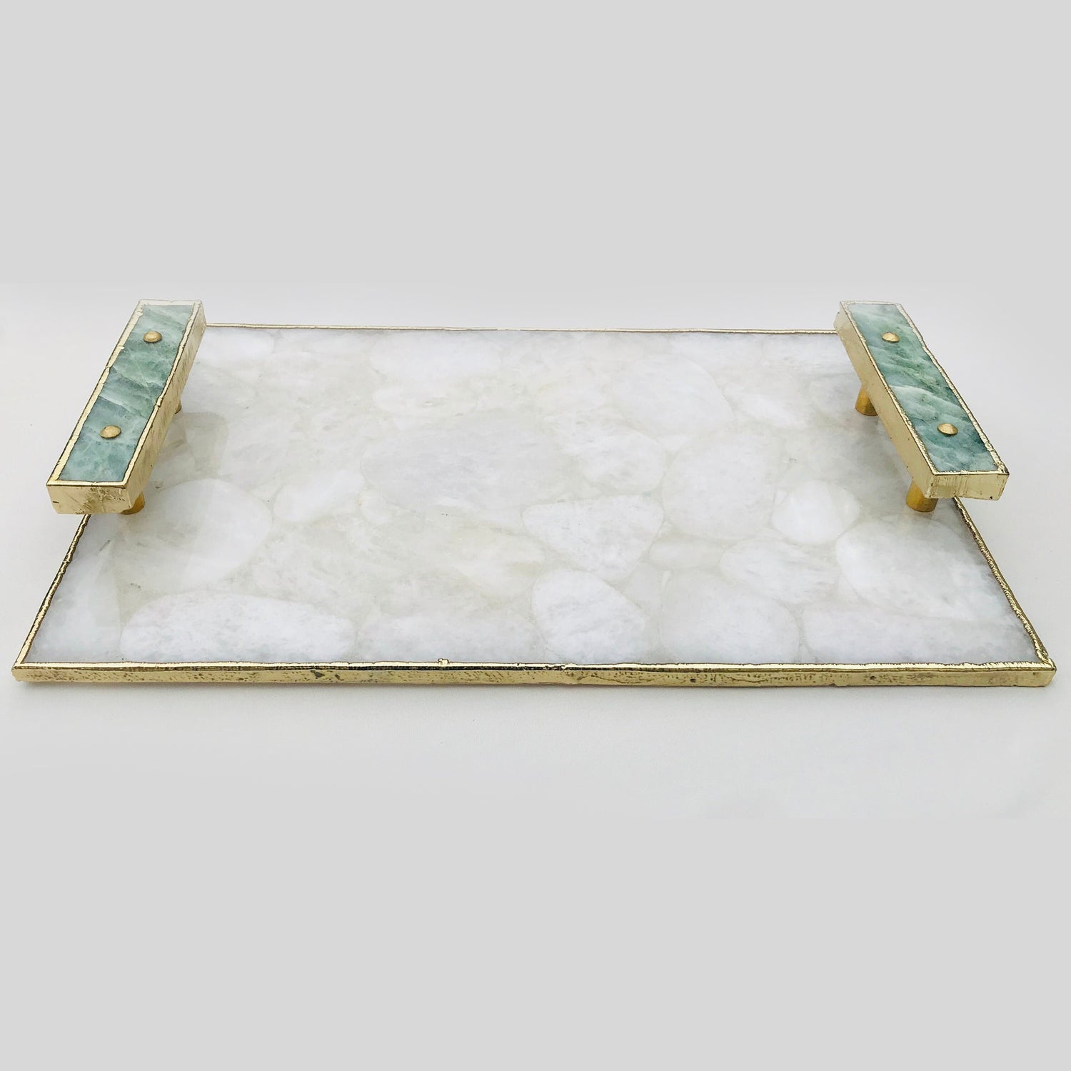 White Crystal Agate Plated Serving Tray With Green Agate Handles/Personalised Momentos/Sign Boards-0