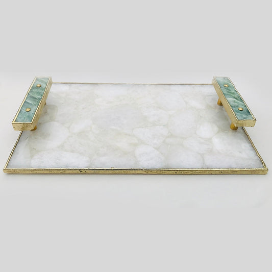 White Crystal Agate Plated Serving Tray With Green Agate Handles/Personalised Momentos/Sign Boards-0