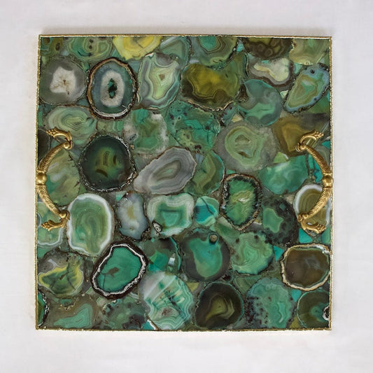 Light Green Agate Serving Tray With Brass Handles | Square-0
