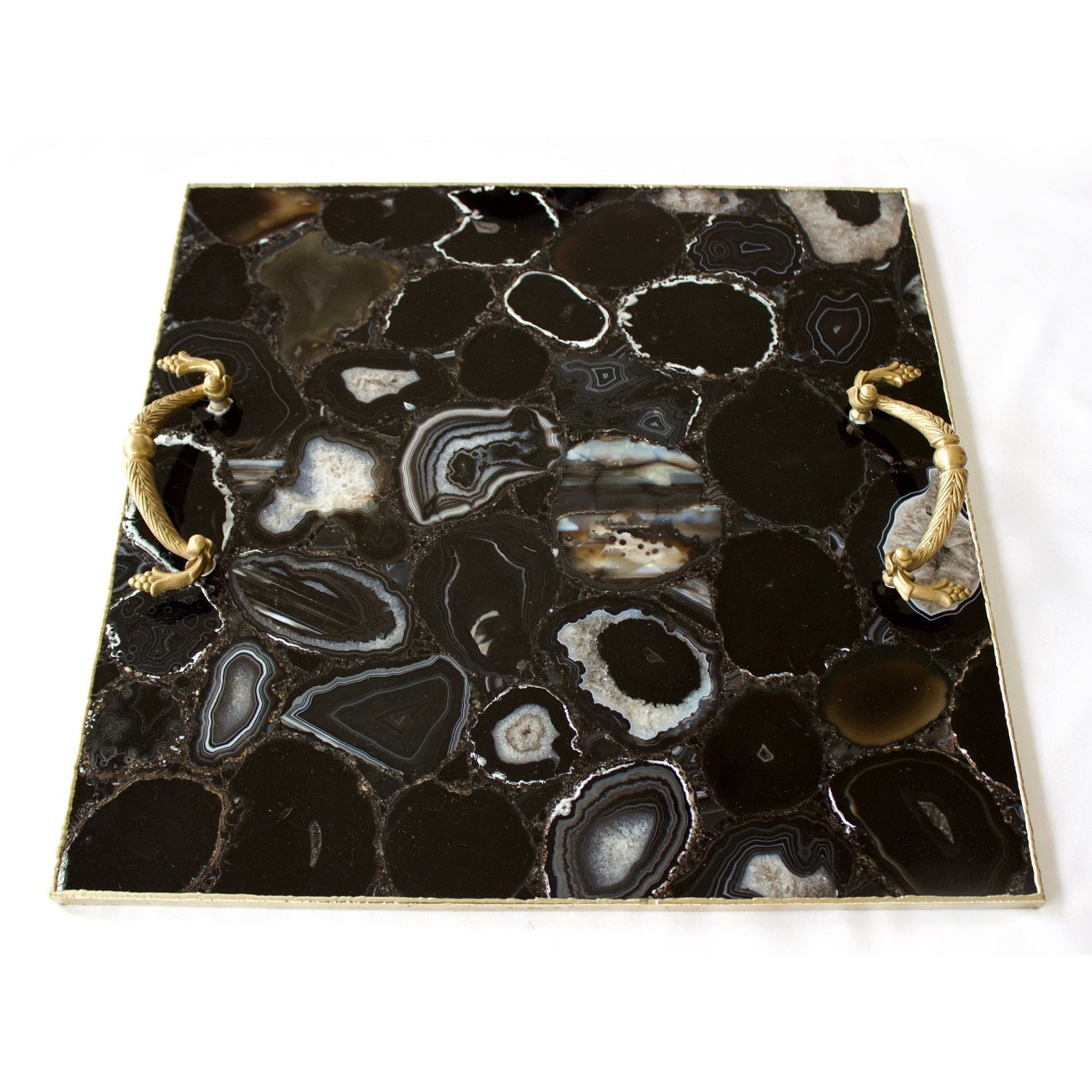 Black Agate Serving Tray With Brass Handles | Square-1