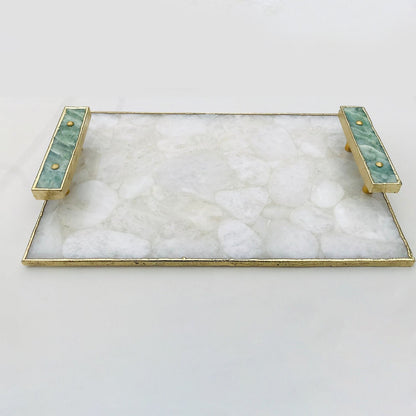 White Crystal Agate Plated Serving Tray With Green Agate Handles/Personalised Momentos/Sign Boards-1