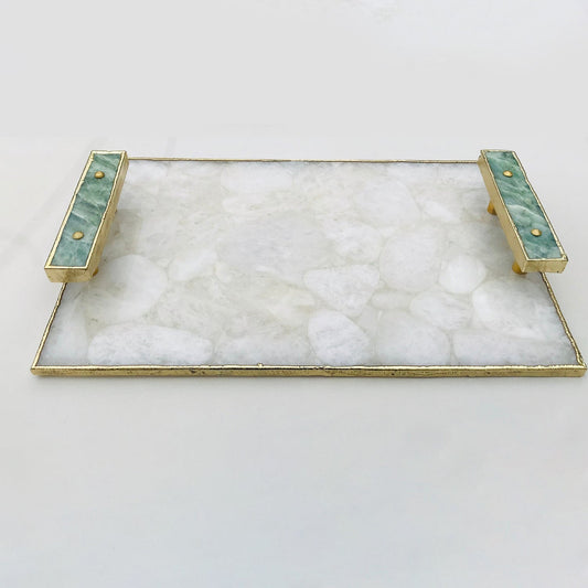 White Crystal Agate Plated Serving Tray With Green Agate Handles/Personalised Momentos/Sign Boards-1