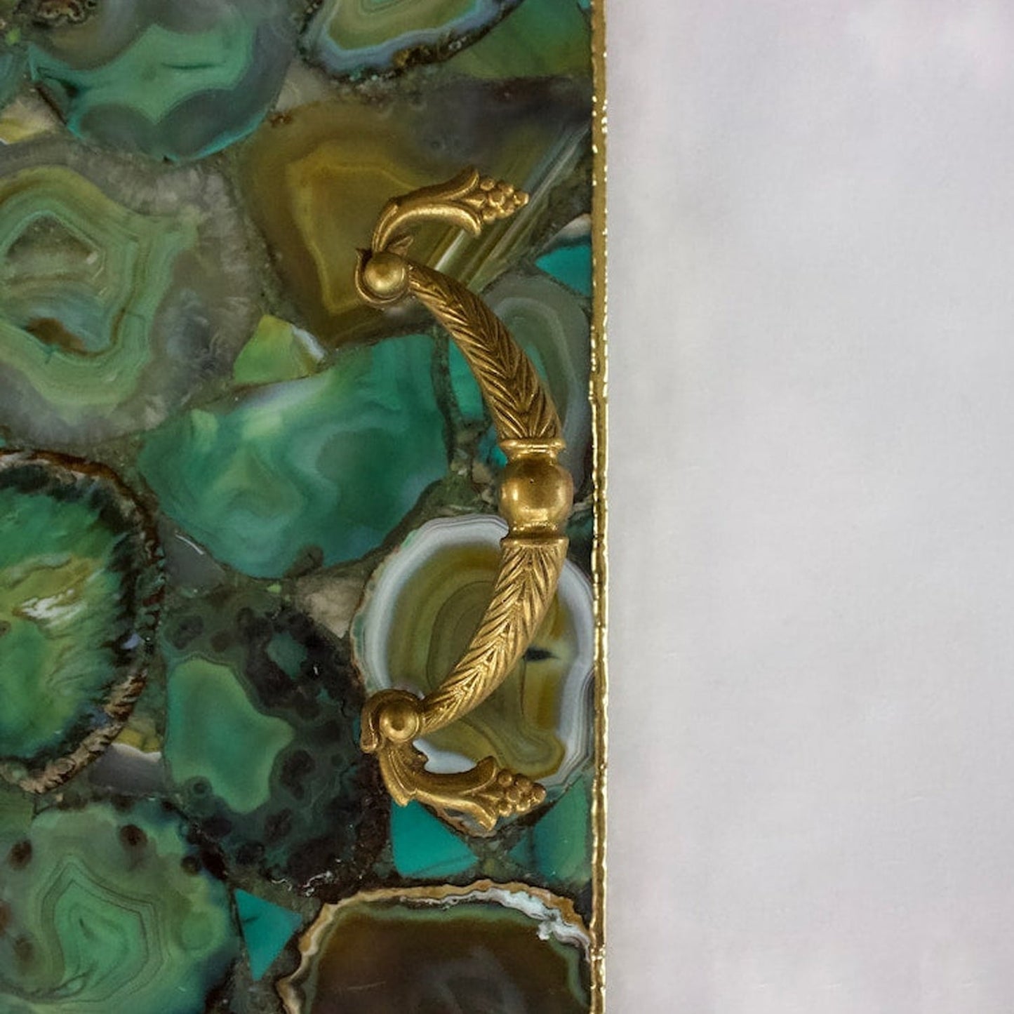 Light Green Agate Serving Tray With Brass Handles | Square-2