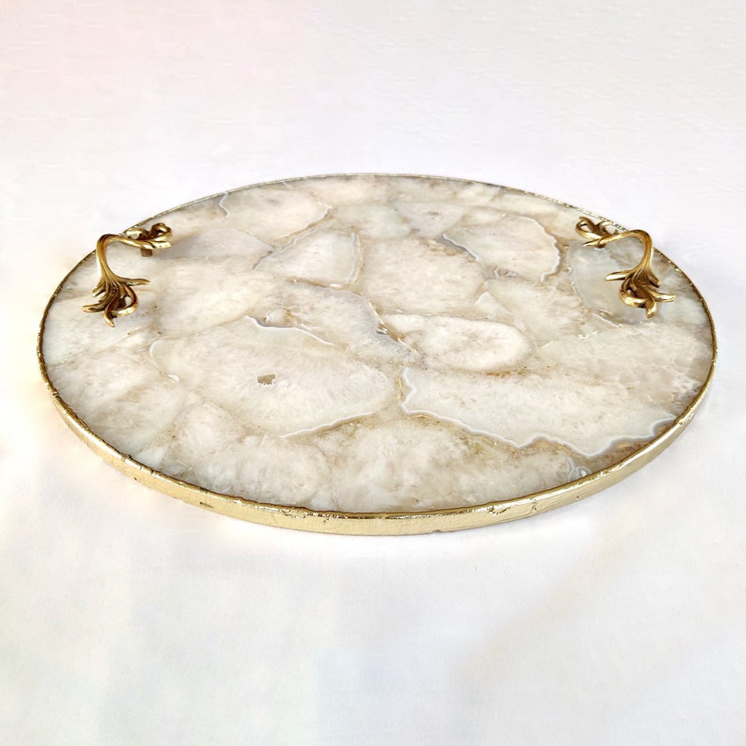 White Agate Serving Tray With Brass Handles | Circular |-1