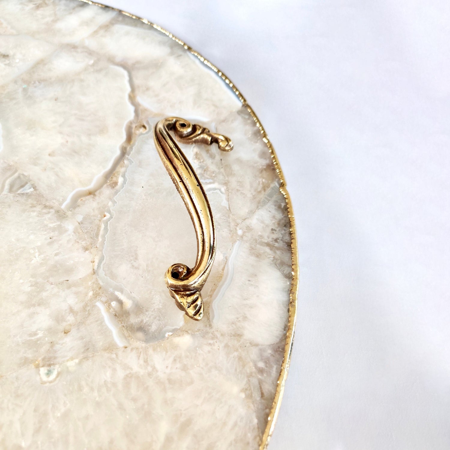 White Agate  Serving Tray With Brass Handles | Circular |-2