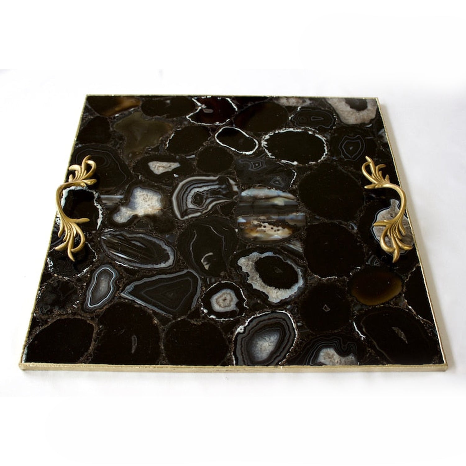Black Agate Serving Tray With Brass Handles | Square-2